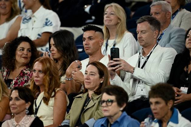 TENNIS AUSTRALIAN OPEN, Australia musician Anthony Callea (centre) with his partner Tim Campbell (right) watch Aryna Sabalenka of Belarus in action during her Women?s Singles semifinal against Coco Gauff of the USA on Day 12 of the 2024 Australian Open at Melbourne Park in Melbourne, Thursday, January 25, 2024. ( NO ARCHIVING, EDITORIAL USE ONLY, NO USE IN BOOKS WITHOUT CONSENT MELBOURNE VICTORIA AUSTRALIA  Copyright: xJOELxCARRETTx 20240125001893368150