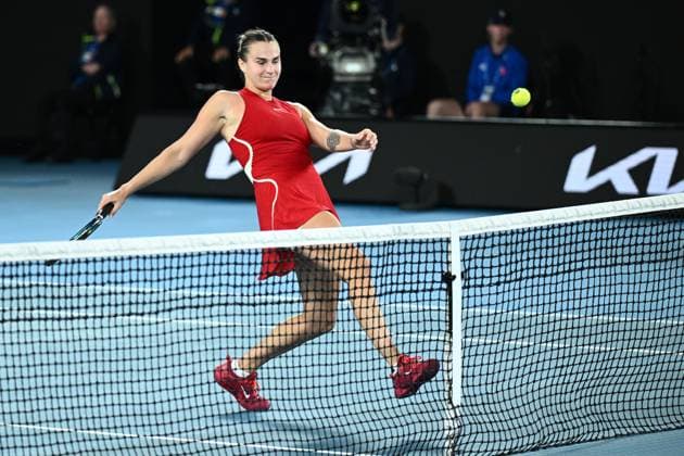 TENNIS AUSTRALIAN OPEN, Aryna Sabalenka of Belarus kicks the ball during her Women?s Singles semifinal against Coco Gauff of the USA on Day 12 of the 2024 Australian Open at Melbourne Park in Melbourne, Thursday, January 25, 2024. ( NO ARCHIVING, EDITORIAL USE ONLY, NO USE IN BOOKS WITHOUT CONSENT MELBOURNE VICTORIA AUSTRALIA  Copyright: xJOELxCARRETTx 20240125001893385092