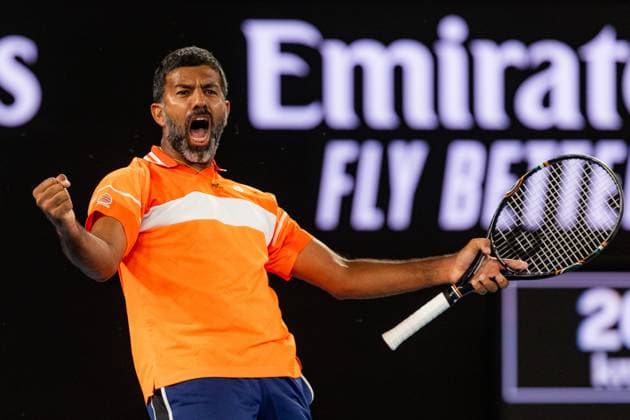 (240125) -- MELBOURNE, Jan. 25, 2024 -- Rohan Bopanna celebrates after winning the men s doubles semifinal between Zhang Zhizhen (China) Tomas Machac (the Czech Republic) and Rohan Bopanna (India) Matthew Ebden (Australia) at Australian Open tennis tournament in Melbourne, Australia, Jan. 25, 2024. (Photo by Xinhua) (SP)AUSTRALIA-MELBOURNE-TENNIS-AUSTRALIAN OPEN-SEMIFINALS ChuxChen 