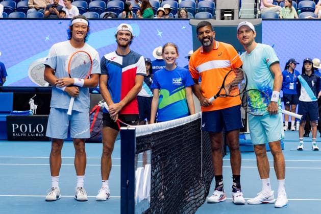 (240125) -- MELBOURNE, Jan. 25, 2024 -- Zhang Zhizhen (1st L) Tomas Machac (2nd L) and Rohan Bopanna (2nd R) Matthew Ebden pose prior to the men s doubles semifinal between Zhang Zhizhen (China) Tomas Machac (the Czech Republic) and Rohan Bopanna (India) Matthew Ebden (Australia) at Australian Open tennis tournament in Melbourne, Australia, Jan. 25, 2024. (Photo by Xinhua) (SP)AUSTRALIA-MELBOURNE-TENNIS-AUSTRALIAN OPEN-SEMIFINALS ChuxChen 