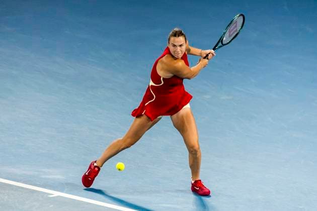 MELBOURNE, VIC - JANUARY 25: Aryna Sabalenka of Belarus in actionduring the semifinals of the 2024 Australian Open on January 25 2024, at Melbourne Park in Melbourne, Australia. (Photo by Jason Heidrich Icon Sportswire) TENNIS: JAN 25 Australian Open EDITORIAL USE ONLY Icon240125089