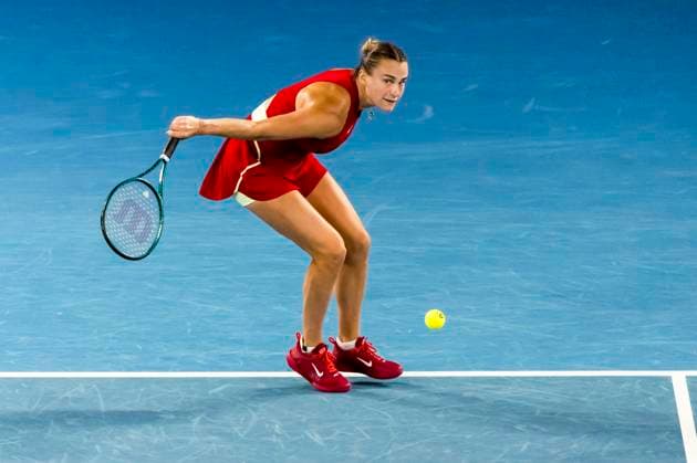 MELBOURNE, VIC - JANUARY 25: Aryna Sabalenka of Belarus in actionduring the semifinals of the 2024 Australian Open on January 25 2024, at Melbourne Park in Melbourne, Australia. (Photo by Jason Heidrich Icon Sportswire) TENNIS: JAN 25 Australian Open EDITORIAL USE ONLY Icon240125091