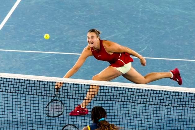 MELBOURNE, VIC - JANUARY 25: Aryna Sabalenka of Belarus in action during the semifinals of the 2024 Australian Open on January 25 2024, at Melbourne Park in Melbourne, Australia. (Photo by Jason Heidrich Icon Sportswire) TENNIS: JAN 25 Australian Open EDITORIAL USE ONLY Icon240125097