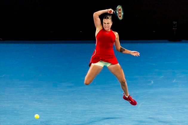 MELBOURNE, VIC - JANUARY 25: Aryna Sabalenka of Belarus in action during the semifinals of the 2024 Australian Open on January 25 2024, at Melbourne Park in Melbourne, Australia. (Photo by Jason Heidrich Icon Sportswire) TENNIS: JAN 25 Australian Open EDITORIAL USE ONLY Icon240125101