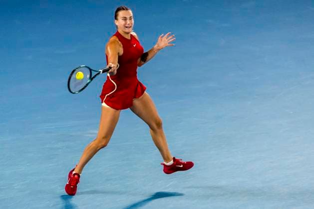 MELBOURNE, VIC - JANUARY 25: Aryna Sabalenka of Belarus in action during the semifinals of the 2024 Australian Open on January 25 2024, at Melbourne Park in Melbourne, Australia. (Photo by Jason Heidrich Icon Sportswire) TENNIS: JAN 25 Australian Open EDITORIAL USE ONLY Icon240125103