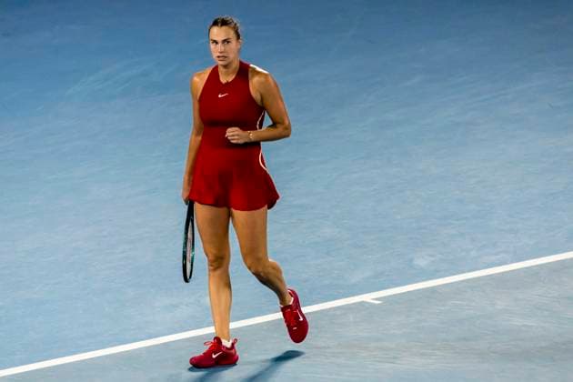 MELBOURNE, VIC - JANUARY 25: Aryna Sabalenka of Belarus celebrates during the semifinals of the 2024 Australian Open on January 25 2024, at Melbourne Park in Melbourne, Australia. (Photo by Jason Heidrich Icon Sportswire) TENNIS: JAN 25 Australian Open EDITORIAL USE ONLY Icon240125106