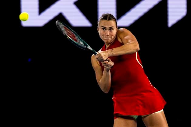 MELBOURNE, VIC - JANUARY 25: Aryna Sabalenka of Belarus in action during the semifinals of the 2024 Australian Open on January 25 2024, at Melbourne Park in Melbourne, Australia. (Photo by Jason Heidrich Icon Sportswire) TENNIS: JAN 25 Australian Open EDITORIAL USE ONLY Icon240125120