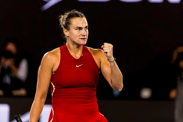 MELBOURNE, VIC - JANUARY 25: Aryna Sabalenka of Belarus celebrates during the semifinals of the 2024 Australian Open on January 25 2024, at Melbourne Park in Melbourne, Australia. (Photo by Jason Heidrich Icon Sportswire) TENNIS: JAN 25 Australian Open EDITORIAL USE ONLY Icon240125123