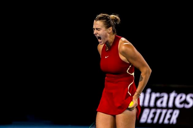 MELBOURNE, VIC - JANUARY 25: Aryna Sabalenka of Belarus celebrates during the semifinals of the 2024 Australian Open on January 25 2024, at Melbourne Park in Melbourne, Australia. (Photo by Jason Heidrich Icon Sportswire) TENNIS: JAN 25 Australian Open EDITORIAL USE ONLY Icon240125124