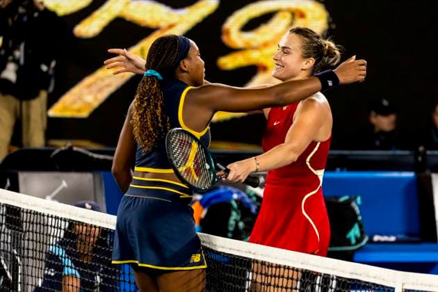 MELBOURNE, VIC - JANUARY 25: Aryna Sabalenka of Belarus meets Coco Gauff of the United States of America at the net after winning her semifinals match of the 2024 Australian Open on January 25 2024, at Melbourne Park in Melbourne, Australia. (Photo by Jason Heidrich Icon Sportswire) TENNIS: JAN 25 Australian Open EDITORIAL USE ONLY Icon240125127