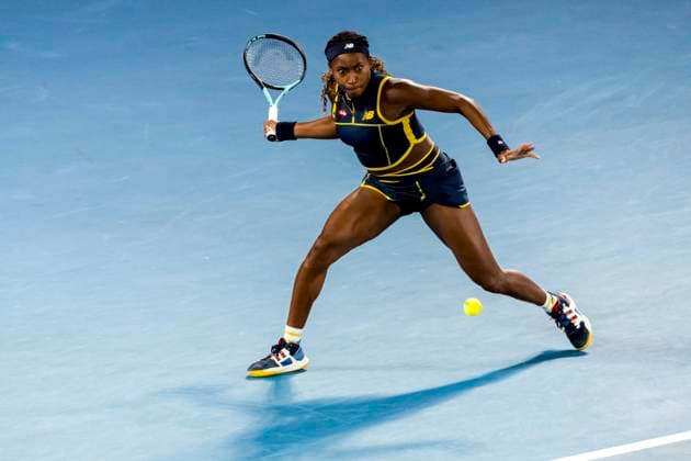 MELBOURNE, VIC - JANUARY 25: Coco Gauff of the United States of America in action during the semifinals of the 2024 Australian Open on January 25 2024, at Melbourne Park in Melbourne, Australia. (Photo by Jason Heidrich Icon Sportswire) TENNIS: JAN 25 Australian Open EDITORIAL USE ONLY Icon240125156