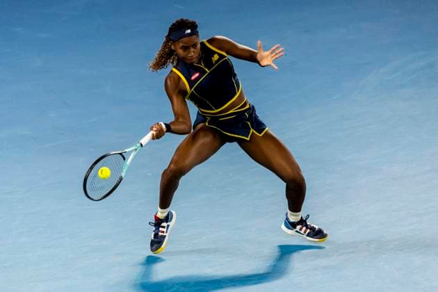 MELBOURNE, VIC - JANUARY 25: Coco Gauff of the United States of America in action during the semifinals of the 2024 Australian Open on January 25 2024, at Melbourne Park in Melbourne, Australia. (Photo by Jason Heidrich Icon Sportswire) TENNIS: JAN 25 Australian Open EDITORIAL USE ONLY Icon240125157
