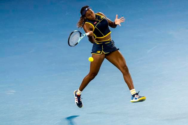 MELBOURNE, VIC - JANUARY 25: Coco Gauff of the United States of America in action during the semifinals of the 2024 Australian Open on January 25 2024, at Melbourne Park in Melbourne, Australia. (Photo by Jason Heidrich Icon Sportswire) TENNIS: JAN 25 Australian Open EDITORIAL USE ONLY Icon240125165