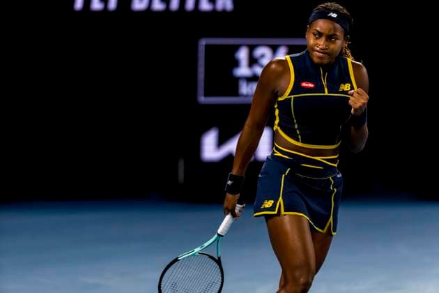 MELBOURNE, VIC - JANUARY 25: Coco Gauff of the United States of America celebrates during the semifinals of the 2024 Australian Open on January 25 2024, at Melbourne Park in Melbourne, Australia. (Photo by Jason Heidrich Icon Sportswire) TENNIS: JAN 25 Australian Open EDITORIAL USE ONLY Icon240125182
