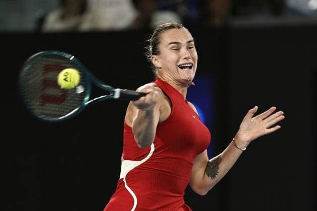 Tennis: Australian Open Belarusian tennis player Aryna Sabalenka plays against Coco Gauff of the United States in the women s singles semifinals at the Australian Open tournament in Melbourne on Jan. 25, 2024.  A14AA0002376988P