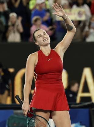Tennis: Australian Open Belarusian tennis player Aryna Sabalenka acknowledges spectators after beating Coco Gauff of the United States in the women s singles semifinals at the Australian Open tournament in Melbourne on Jan. 25, 2024.  A14AA0002376989P