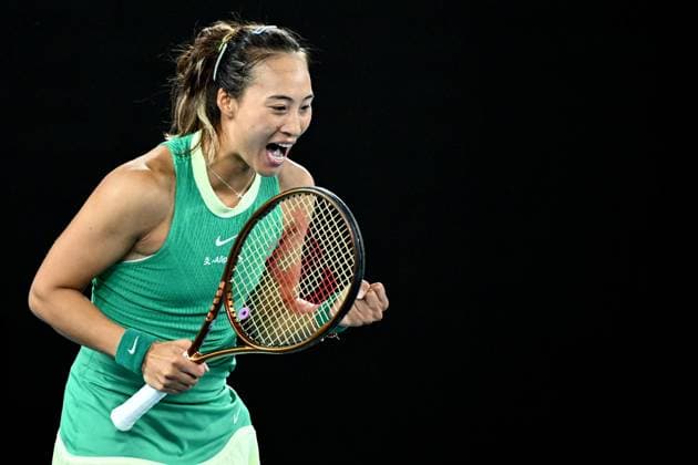 TENNIS AUSTRALIAN OPEN, Qinwen Zheng of China celebrates match point during her Women?s Singles semifinal win over Dayana Yastremska of Ukraine on Day 12 of the 2024 Australian Open at Melbourne Park in Melbourne, Thursday, January 25, 2024. ( NO ARCHIVING, EDITORIAL USE ONLY, NO USE IN BOOKS WITHOUT CONSENT MELBOURNE VICTORIA AUSTRALIA  Copyright: xJOELxCARRETTx 20240125001893445531