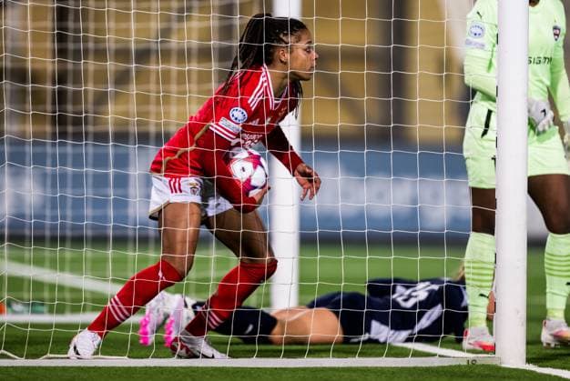 240125 JÃ ssica Silva of Benfica celebrates after 1 1 during the UEFA Women s Champions League football match between FC Rosengard and Benfica on January 25, 2024 in Malmö Photo Petter Arvidson BILDBYRAN kod PA PA0740 fotboll football soccer fotball champions league fc rosengard benfica dam bbeng jubel  Copyright: PETTERxARVIDSON BB240125PA199