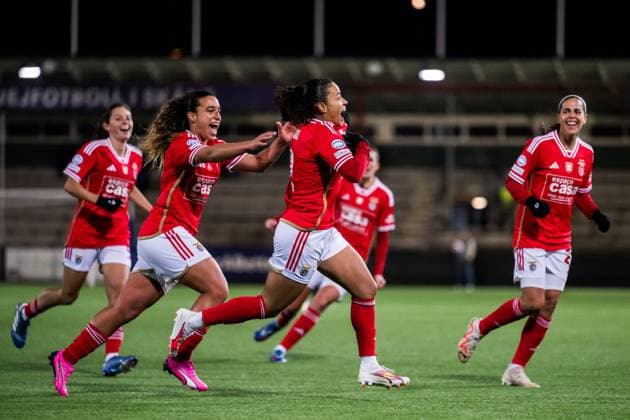 240125 Andreia Norton and Marie Alidou of Benfica celebrates after 1 2 during the UEFA Women s Champions League football match between FC Rosengard and Benfica on January 25, 2024 in Malmö Photo Petter Arvidson BILDBYRAN kod PA PA0740 fotboll football soccer fotball champions league fc rosengard benfica dam bbeng jubel  Copyright: PETTERxARVIDSON BB240125PA203