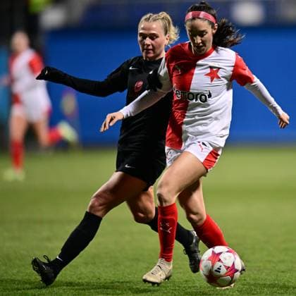 L-R Karoline Haugland of Brann and Haleigh Stackpole of Slavia in action during the Brann vs Slavia Praha UEFA Women s Champions League Group stage match in Mlada Boleslav, Czch Republic, January 25, 2024. (CTKxPhoto RadekxPetrasek) CTKPhotoP2024012508278  CTKPhotoP2024012508278