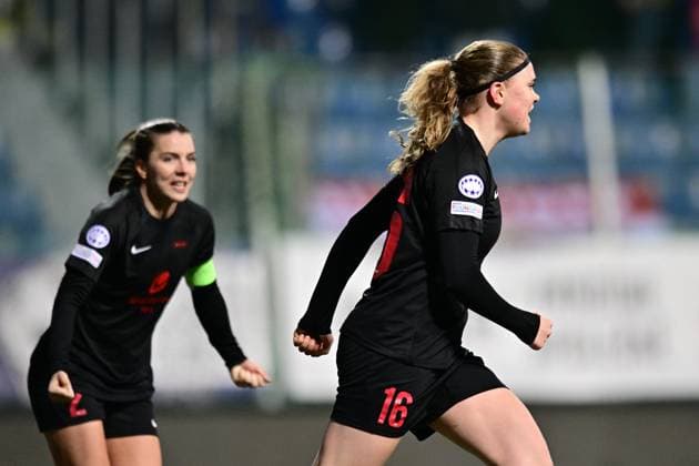 Signe Gaupset of Brann (right) celebrates goal during the Brann vs Slavia Praha UEFA Women s Champions League Group stage match in Mlada Boleslav, Czech Republic, January 25, 2024. (CTKxPhoto RadekxPetrasek) CTKPhotoP2024012508833  CTKPhotoP2024012508833
