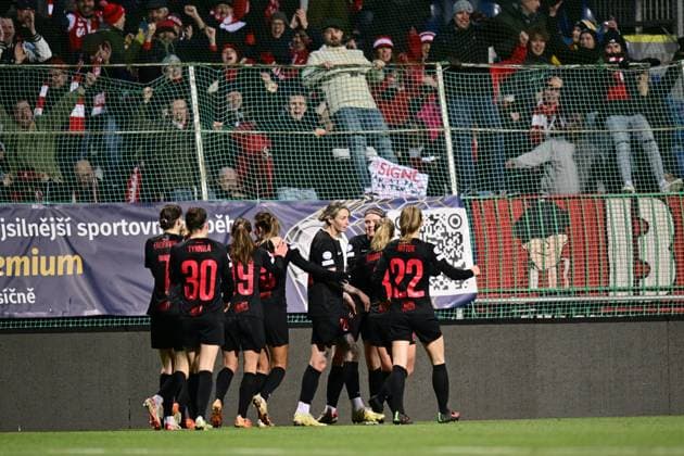 Soccer players of SK Brann celebrate goal during the Brann vs Slavia Praha UEFA Women s Champions League Group stage match in Mlada Boleslav, Czech Republic, January 25, 2024. (CTKxPhoto RadekxPetrasek) CTKPhotoP2024012508834  CTKPhotoP2024012508834