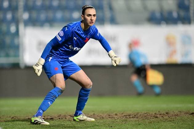Goalie of Slavia Olivie Lukasova in action during the Brann vs Slavia Praha UEFA Women s Champions League Group stage match in Mlada Boleslav, Czech Republic, January 25, 2024. (CTKxPhoto RadekxPetrasek) CTKPhotoP2024012508925  CTKPhotoP2024012508925