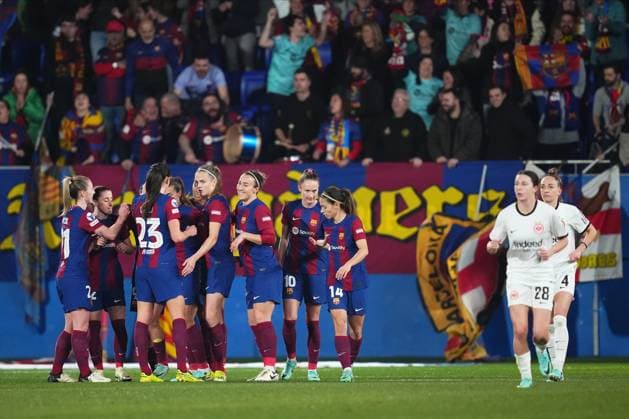 ESP: FC Barcelona, Barca Eintracht Franckfurt. UEFA Women™s Champions League match, Group A, date 5 FC Barcelona players celebrating the opening goal during the UEFA Women™s Champions League match, Group A, date 5, between FC Barcelona and Eintracht Franckfurt played at Johan Cruyff Stadium on January 25, 2024 in Barcelona, Spain. kpng Copyright: xBaguxBlancox xPRESSINPHOTOx PS_240125_029