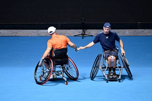 TENNIS AUSTRALIAN OPEN, (pictured) Andy Lapthorne of United Kingdom and David Wagner of the USA in action during their Men?s Wuad Wheelchair Doubles semifinal against Heath Davidson of Australia and Robert Shaw of Canada on Day 13 of the 2024 Australian Open at Melbourne Park in Melbourne, Friday, January 26, 2024. ( NO ARCHIVING, EDITORIAL USE ONLY, NO USE IN BOOKS WITHOUT CONSENT MELBOURNE VICTORIA AUSTRALIA  Copyright: xJOELxCARRETTx 20240126001893708771