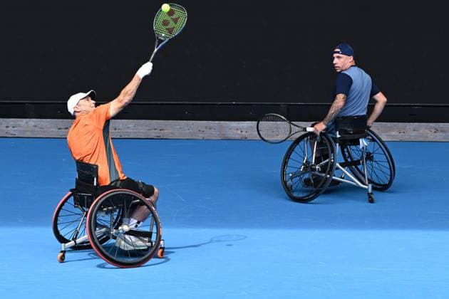 TENNIS AUSTRALIAN OPEN, (pictured) Andy Lapthorne of United Kingdom and David Wagner of the USA in action during their Men?s Wuad Wheelchair Doubles semifinal against Heath Davidson of Australia and Robert Shaw of Canada on Day 13 of the 2024 Australian Open at Melbourne Park in Melbourne, Friday, January 26, 2024. ( NO ARCHIVING, EDITORIAL USE ONLY, NO USE IN BOOKS WITHOUT CONSENT MELBOURNE VICTORIA AUSTRALIA  Copyright: xJOELxCARRETTx 20240126001893708820