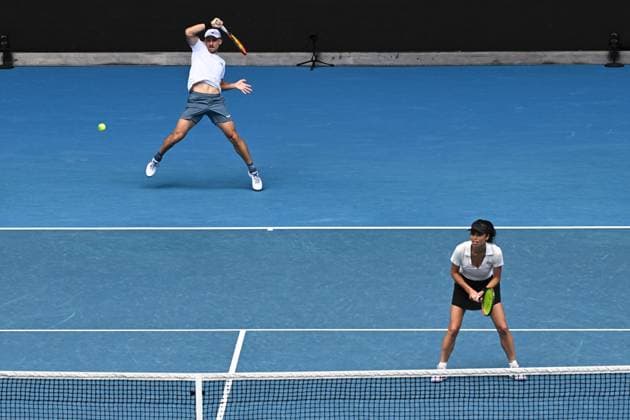 TENNIS AUSTRALIAN OPEN, Su-Wei Hsieh (right) of Chinese Taipei and Jan Zielinski (left) of Poland in action during their Mixed Doubles final against Desirae Krawczyk of the USA and Neal Skupski of United Kingdom on Rod Laver Arena on Day 13 of the 2024 Australian Open at Melbourne Park in Melbourne, Friday, January 26, 2024. ( NO ARCHIVING, EDITORIAL USE ONLY, NO USE IN BOOKS WITHOUT CONSENT MELBOURNE VICTORIA AUSTRALIA  Copyright: xJOELxCARRETTx 20240126001893718223