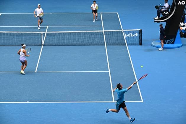 TENNIS AUSTRALIAN OPEN, Su-Wei Hsieh (top right) of Chinese Taipei and Jan Zielinski (top left) of Poland in action during their Mixed Doubles final against Desirae Krawczyk (bottom right) of the USA and Neal Skupski (bottom left) of United Kingdom on Rod Laver Arena on Day 13 of the 2024 Australian Open at Melbourne Park in Melbourne, Friday, January 26, 2024. ( NO ARCHIVING, EDITORIAL USE ONLY, NO USE IN BOOKS WITHOUT CONSENT MELBOURNE VICTORIA AUSTRALIA  Copyright: xJOELxCARRETTx 20240126001893722829