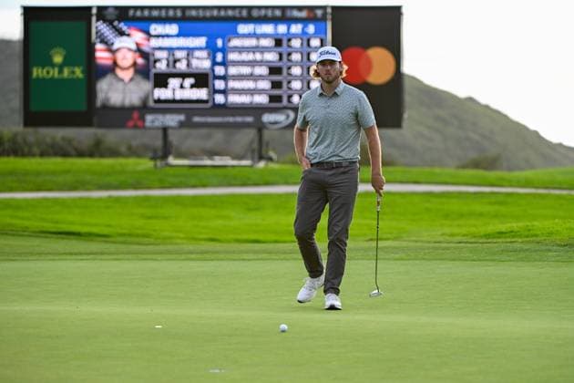 LA JOLLA, CA - JANUARY 25: Chad Hambright (USA) reacts to missing his birdie putt on 8 during Rd2 of the Farmers Insurance Open at Torrey Pines Golf Course on January 25, 2024, in La Jolla, California. (Photo by Ken Murray Icon Sportswire) GOLF: JAN 25 PGA, Golf Herren Farmers Insurance Open EDITORIAL USE ONLY Icon2401250432