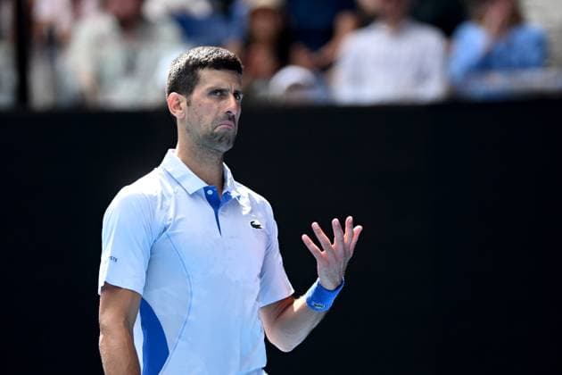 TENNIS AUSTRALIAN OPEN, Novak Djokovic of Serbia reacts during his Men?s semifinal against Jannik Sinner of Italy on Day 13 of the 2024 Australian Open at Melbourne Park in Melbourne, , Friday, January 26, 2024. ( NO ARCHIVING, EDITORIAL USE ONLY, NO USE IN BOOKS WITHOUT CONSENT MELBOURNE VICTORIA AUSTRALIA  Copyright: xJOELxCARRETTx 20240126001893771167
