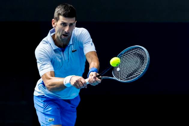 MELBOURNE, VIC - JANUARY 26: Novak Djokovic of Serbia in action during the semifinals of the 2024 Australian Open on January 26 2024, at Melbourne Park in Melbourne, Australia. (Photo by Jason Heidrich Icon Sportswire) TENNIS: JAN 26 Australian Open EDITORIAL USE ONLY Icon240126086