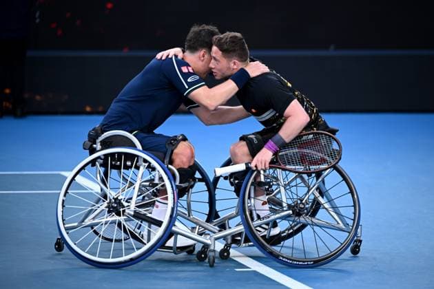 TENNIS AUSTRALIAN OPEN, Alfie Hewett and Gordon Reid of United Kingdom celebrate their Men?s Wheelchair Doubles final win over Takuya Miki and Tokito Oda of Japan on Day 13 of the 2024 Australian Open at Melbourne Park in Melbourne, Friday, January 26, 2024. ( NO ARCHIVING, EDITORIAL USE ONLY, NO USE IN BOOKS WITHOUT CONSENT MELBOURNE VICTORIA AUSTRALIA  Copyright: xJOELxCARRETTx 20240126001893811084