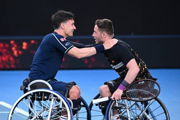 TENNIS AUSTRALIAN OPEN, Alfie Hewett and Gordon Reid of United Kingdom celebrate their Men?s Wheelchair Doubles final win over Takuya Miki and Tokito Oda of Japan on Day 13 of the 2024 Australian Open at Melbourne Park in Melbourne, Friday, January 26, 2024. ( NO ARCHIVING, EDITORIAL USE ONLY, NO USE IN BOOKS WITHOUT CONSENT MELBOURNE VICTORIA AUSTRALIA  Copyright: xJOELxCARRETTx 20240126001893811255