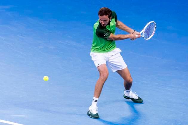 MELBOURNE, VIC - JANUARY 26: Daniil Medvedev of Russia in action during the semifinals of the 2024 Australian Open on January 26 2024, at Melbourne Park in Melbourne, Australia. (Photo by Jason Heidrich Icon Sportswire) TENNIS: JAN 26 Australian Open EDITORIAL USE ONLY Icon240126113