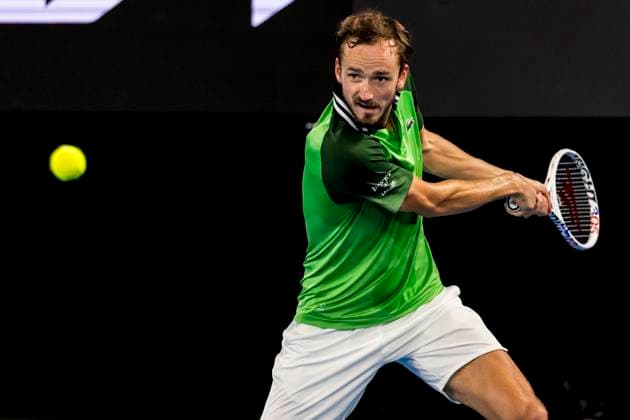 MELBOURNE, VIC - JANUARY 26: Daniil Medvedev of Russia in action during the semifinals of the 2024 Australian Open on January 26 2024, at Melbourne Park in Melbourne, Australia. (Photo by Jason Heidrich Icon Sportswire) TENNIS: JAN 26 Australian Open EDITORIAL USE ONLY Icon240126124