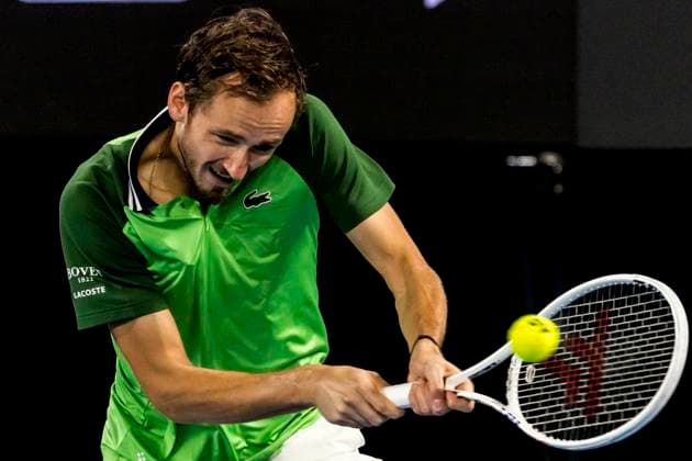 MELBOURNE, VIC - JANUARY 26: Daniil Medvedev of Russia in action during the semifinals of the 2024 Australian Open on January 26 2024, at Melbourne Park in Melbourne, Australia. (Photo by Jason Heidrich Icon Sportswire) TENNIS: JAN 26 Australian Open EDITORIAL USE ONLY Icon240126140