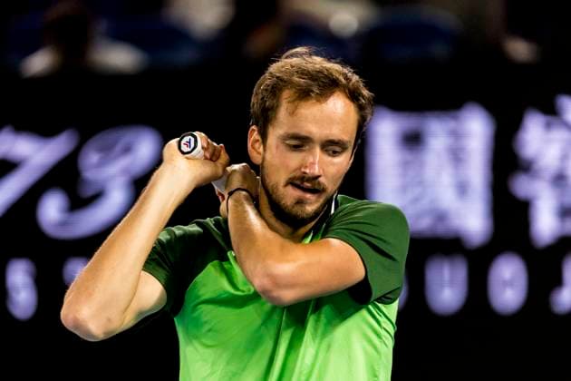 MELBOURNE, VIC - JANUARY 26: Daniil Medvedev of Russia in action during the semifinals of the 2024 Australian Open on January 26 2024, at Melbourne Park in Melbourne, Australia. (Photo by Jason Heidrich Icon Sportswire) TENNIS: JAN 26 Australian Open EDITORIAL USE ONLY Icon240126149