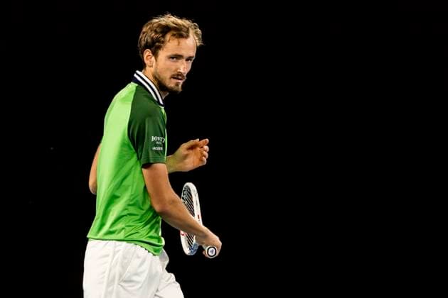 MELBOURNE, VIC - JANUARY 26: Daniil Medvedev of Russia in action during the semifinals of the 2024 Australian Open on January 26 2024, at Melbourne Park in Melbourne, Australia. (Photo by Jason Heidrich Icon Sportswire) TENNIS: JAN 26 Australian Open EDITORIAL USE ONLY Icon240126162