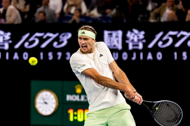 MELBOURNE, VIC - JANUARY 26: Alexander Zverev of Germany in action during the semifinals of the 2024 Australian Open on January 26 2024, at Melbourne Park in Melbourne, Australia. (Photo by Jason Heidrich Icon Sportswire) TENNIS: JAN 26 Australian Open EDITORIAL USE ONLY Icon240126191