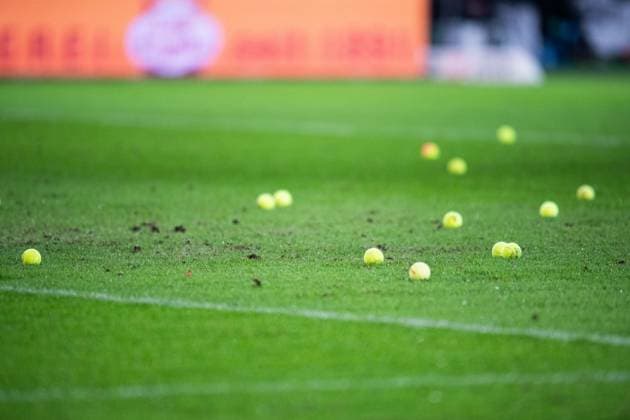 26 01 2024 Football, 2023 2024, 1 Bundesliga, Matchday 19, Hannover 96 1 FC Nürnberg Protest of the fans Hannover against the German Football League DFL with tennis balls DFL REGULATIONS PROHIBIT ANY USE OF PHOTOGRAPHS AS IMAGE SEQUENCES AND OR QUASI VIDEO