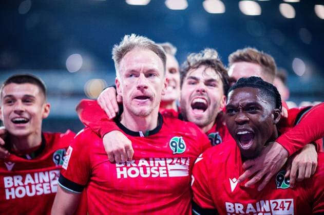 26 01 2024 Soccer, 2023 2024, 1 Bundesliga, Matchday 19, Hannover 96 1 FC Nürnberg M R Havard Nielsen Hannover celebrates after his goal to 2 0 with Kolja Oudenne Hannover , Kolja Oudenne Hannover , Derrick Köhn Hannover DFL REGULATIONS PROHIBIT ANY USE OF PHOTOGRAPHS AS IMAGE SEQUENCES AND OR QUASI VIDEO