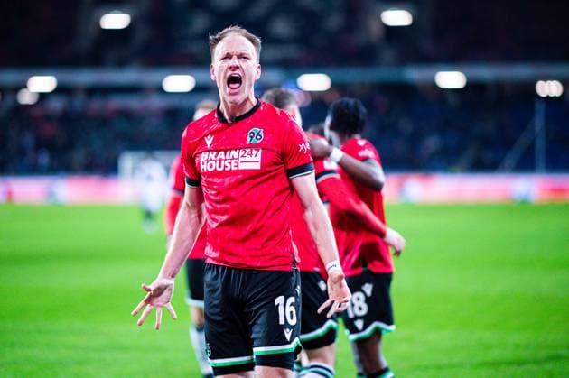 26 01 2024 Soccer, 2023 2024, 1 Bundesliga, Matchday 19, Hannover 96 1 FC Nürnberg Havard Nielsen Hannover celebrates after his goal for 2 0 DFL REGULATIONS PROHIBIT ANY USE OF PHOTOGRAPHS AS IMAGE SEQUENCES AND OR QUASI VIDEO