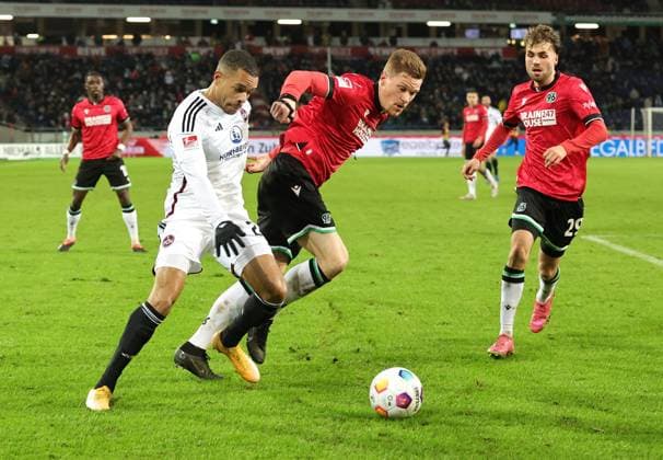 26 01 2024 Soccer Season 2023 2024 2 Soccer Bundesliga 19 Matchday Hannover 96 H96 1 FC Nürnberg FCN Club Sportfoto Zink DaMa xdaxmax DFL regulations prohibit any use of photographs as image sequences and or quasi video only for editorial use Jan Gyamerah 28, 1 FC Nürnberg FCN Marcel Halstenberg 23, Hannover 96 H96 Kolja Nuno Oudenne 29, Hannover 96 H96
