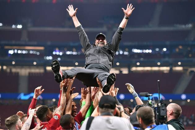 In the summer of 2024 is the end The energy goes out Klopp announces farewell from Liverpool ARCHIVE PHOTO Juergen KLOPP Coach Liverpool , is thrown high by his players, let live high, cheers, joy, enthusiasm, final cheers in front of the fans, football fans, award ceremony, Football Champions League Final 2019 Tottenham Hotspur Liverpool FC, season2018 19, on 01 06 2019, Wanda Metropolitano stadium