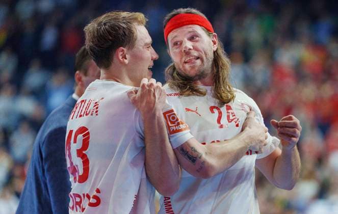 Mikkel Hansen and Simon Pytlick after the semifinal between Germany and Denmark at the EHF 2024 Mens European Handball Championship in the Lanxness Arena in Cologne, Germany, Friday January 26, 2024 , Cologne Germany  Copyright: Ritzau Scanpix LiselottexSabroex spdk20240126-223114-L