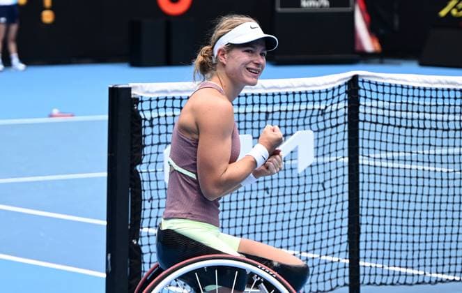 TENNIS AUSTRALIAN OPEN, Diede De Groot of Netherlands reacts after winning the womens wheelchair singles final against Yui Kamiji of Japan on Day 14 of the 2024 Australian Open at Melbourne Park in Melbourne, Saturday, January 27, 2024. ( NO ARCHIVING, EDITORIAL USE ONLY, NO USE IN BOOKS WITHOUT CONSENT MELBOURNE VICTORIA AUSTRALIA  Copyright: xJOELxCARRETTx 20240127001894157268